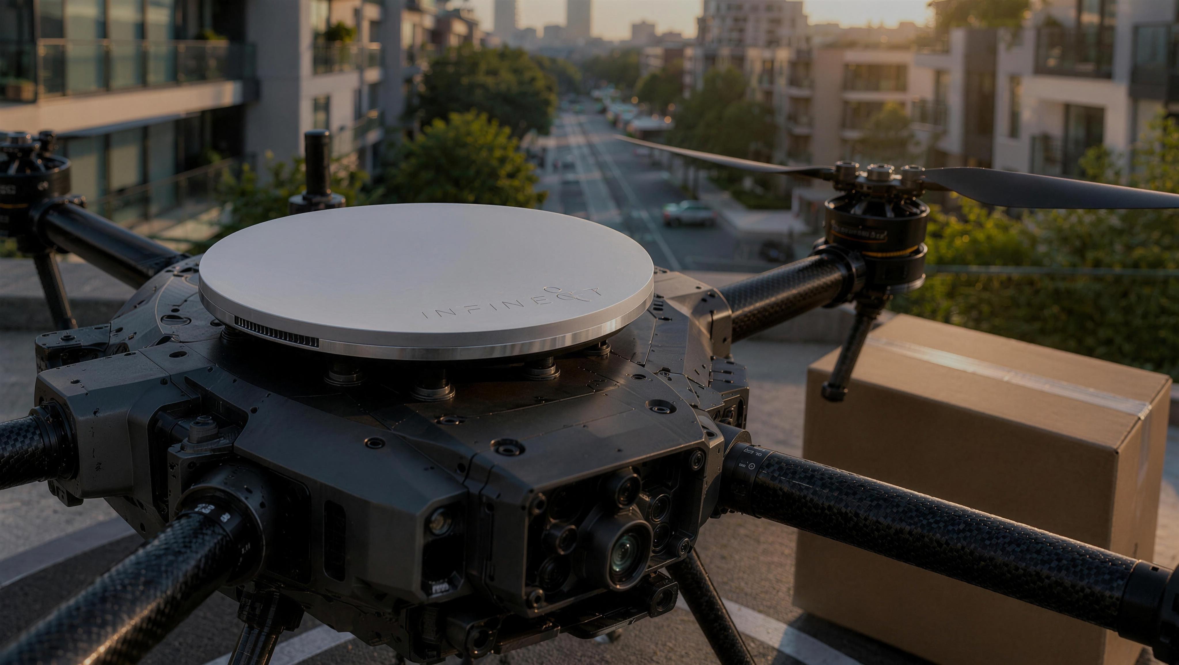 INFINECT antenna mounted on a delivery drone in a city